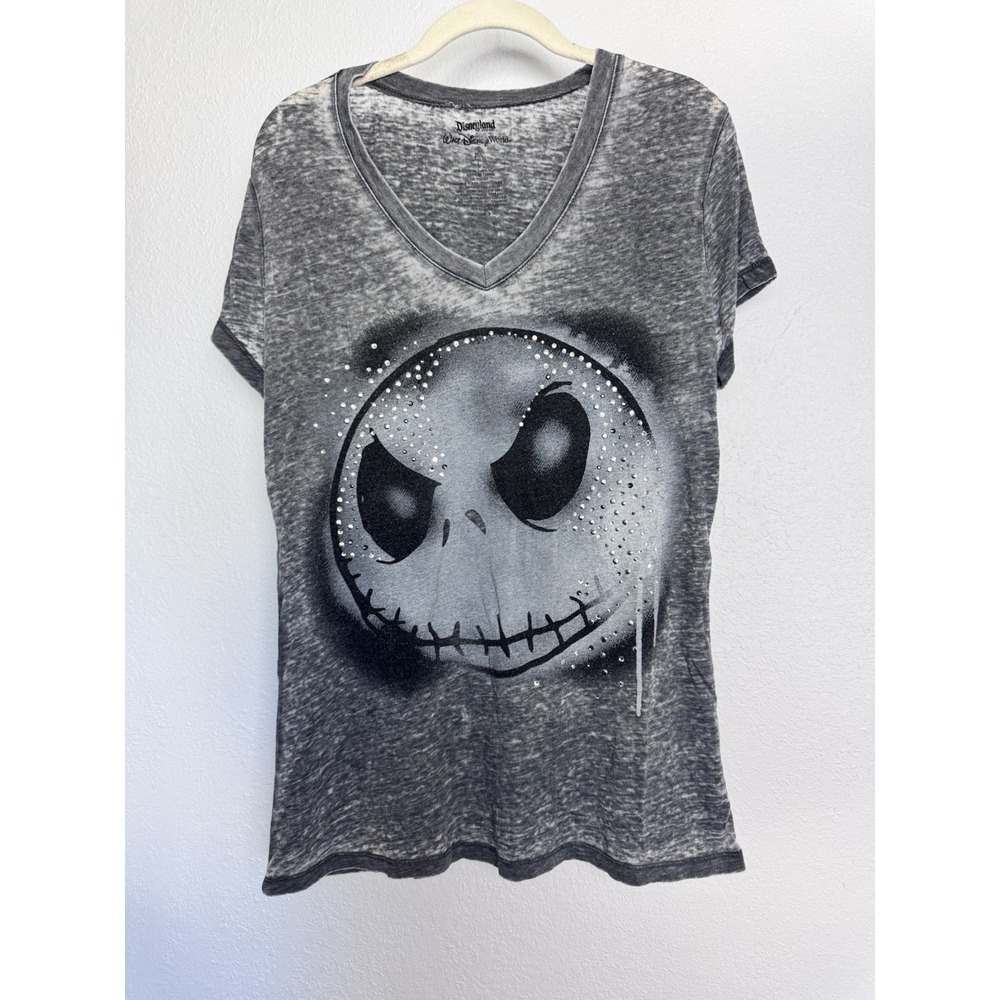 Disneyland Jack Skellington Rhinestone V-Neck Tee Gray Distressed‎ Women's L